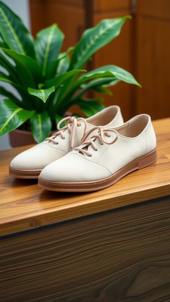 Vegan casual shoes on Felix platform with eco-friendly design, placed on a wooden table with a plant.